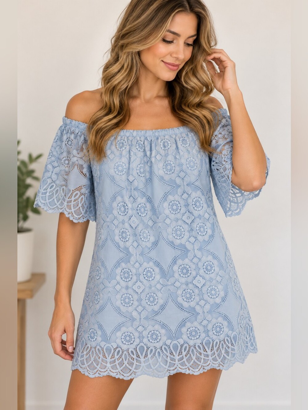 5/$25 BB Dakota Light Blue Off Shoulder Lace Shift Dress